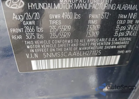 2020 Hyundai Santa Fe Sel 2.0T из США, поврежденный, VIN 5NMS3CAA6LH271125